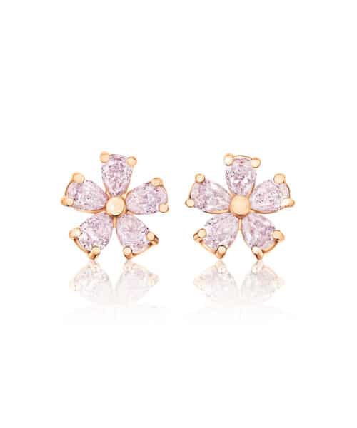Exquisite 18ct Rose Gold earrings featuring ten pear-shaped Pink Diamonds, a decorative floral-inspired design showcasing rare Pink Diamonds, radiating elegance and timeless beauty.