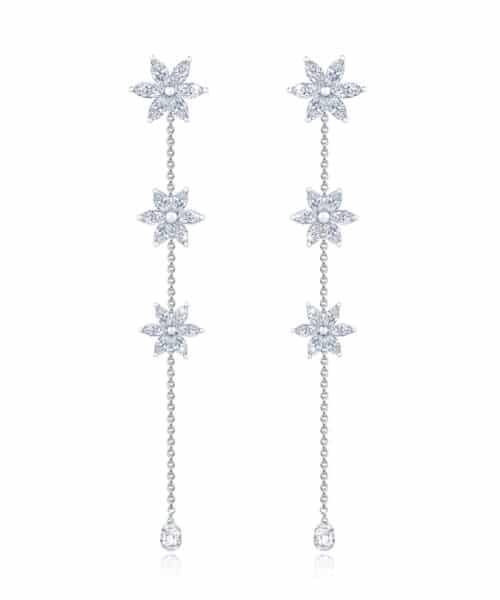 18ct White Gold Floral Diamond Drop Earrings with Briolette Diamond