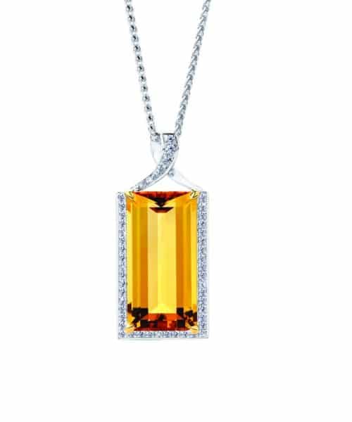 Baguette Cut Citrine and Diamond Pendant, showcasing a radiant yellow citrine gemstone totalling 10.72ct