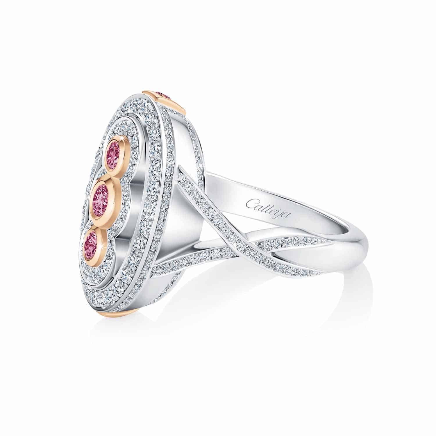 R4809b Platinum & 18ct Rose Gold Australian Argyle Pink Diamond™ Trilogy Halo Ring 2 R4908 Platinum & 18ct Rose Gold Australian Argyle Pink Diamond™ Trilogy Halo Ring
