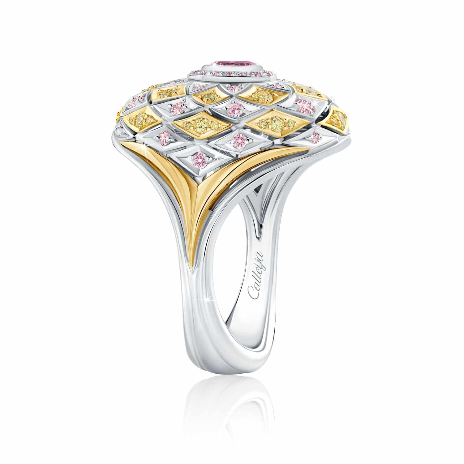 Aetheria Platinum & 18ct Yellow Gold Dress Ring with Yellow, White and Argyle Pink Diamonds - Fine Jewellery and Argyle Pink Diamond Specialists Aetheria Platinum & 18ct Yellow Gold Dress Ring with Yellow, White and Argyle Pink Diamonds - Fine Jewellery and Argyle Pink Diamond Specialists