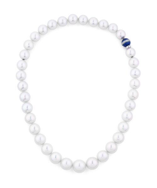 A2036 Vivica Australian South Sea Pearl Strand with Blue Enamel, Guilloche & Diamond Clasp