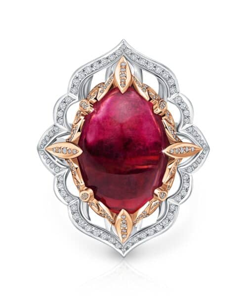 R5187 Fiorella Platinum & 18ct Rose Gold Cabochon Red Tourmaline & Diamond Ring