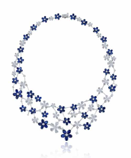G10689 Fleur de Saphir 18ct White Gold Blue Sapphire & Diamond Set Necklace