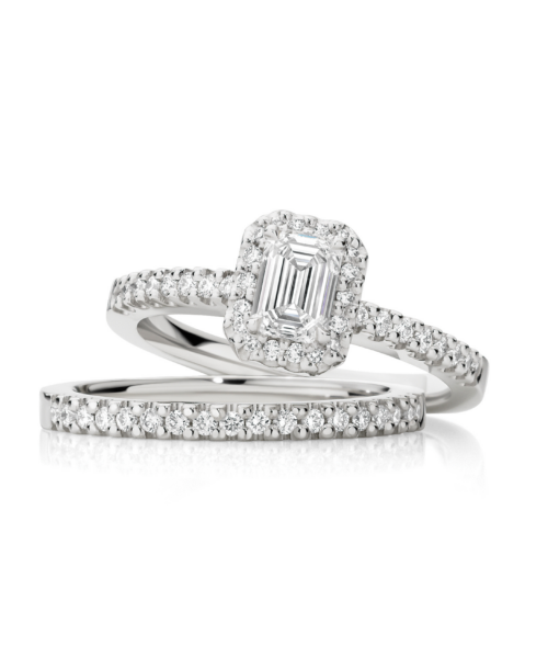 Zahira Platinum Emerald Cut Diamond Ring with Halo And Matching Diamond Band
