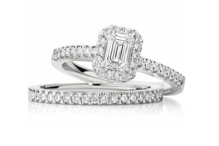 Zahira Platinum Emerald Cut Diamond Ring with Halo And Matching Wedder